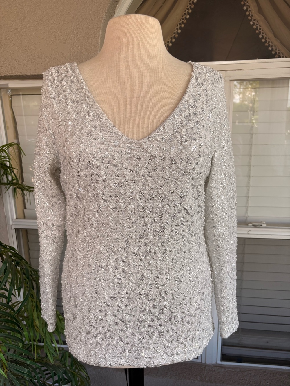 Jennifer Lopez Silver Sequin V-Neck Long Sleeve Top